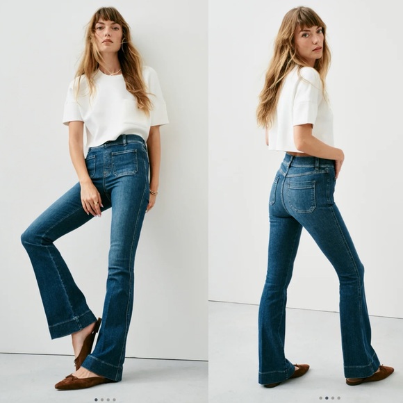 NWT NEW Spanx Patch Pocket Flare Jeans Authentic Blue Sz Small Tall - Picture 1 of 8